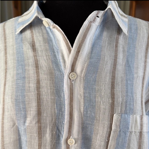 CP Shades Romy Linen Tunic Shirt Light Blue & Brown Stripe Relaxed Fit Size L - Picture 2 of 10
